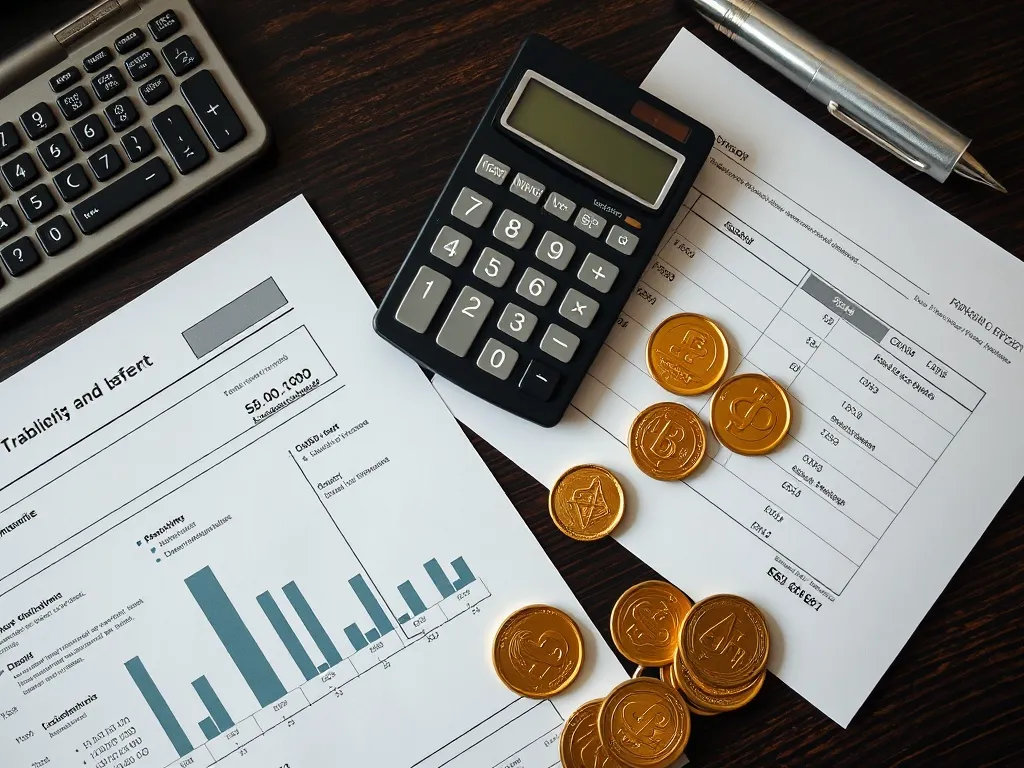 Professional financial documents, calculator, and gold coins