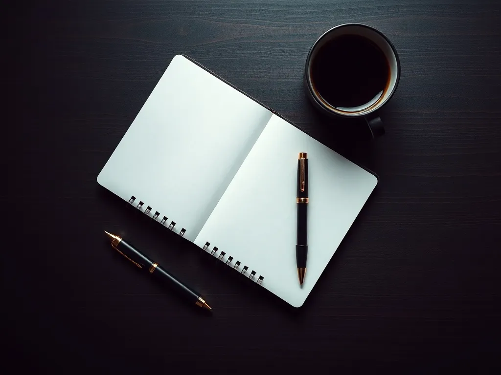 A minimalist overhead shot of a high-end notebook, a fountai
