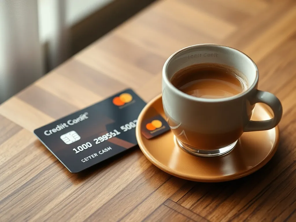 A modern credit card on a wooden table next to a cup of coff