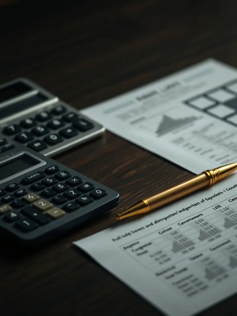 Professional office desk with calculator, financial document